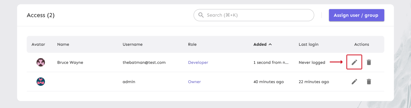 A list of users with access to the current project. To the right of each user is a dropdown input labeled role.