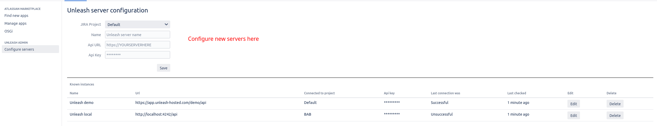 A table marked Unleash Server Configuration, listing Unleash server instances.